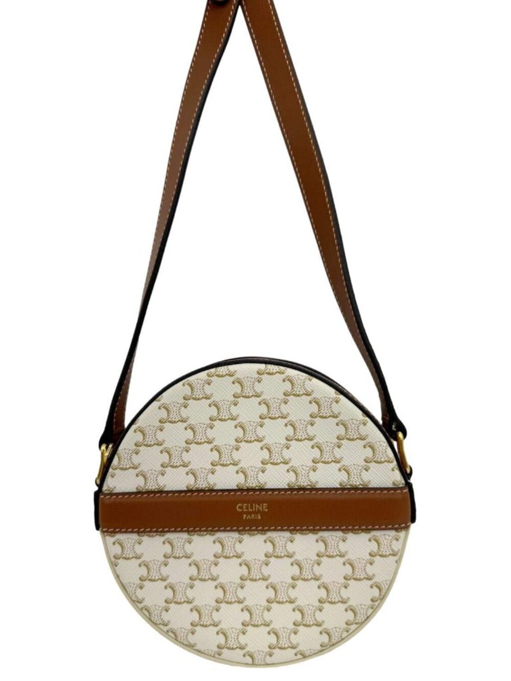 Celine  Triomphe Canvas Round Purse On Strap Crossbody Bag White